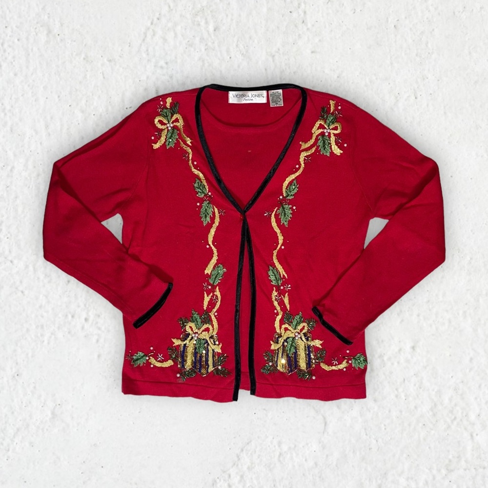 Vintage 80s Classy PM Cute Ugly Christmas Sweater Beaded Embroidery Festive